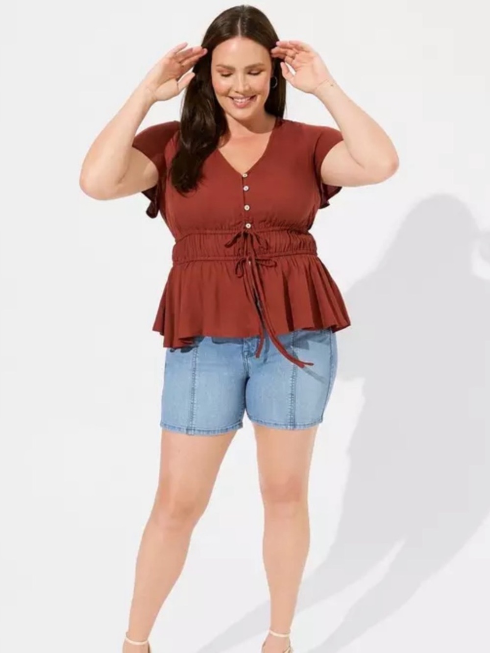 Gauze Waist Detail Flutter Sleeve Top